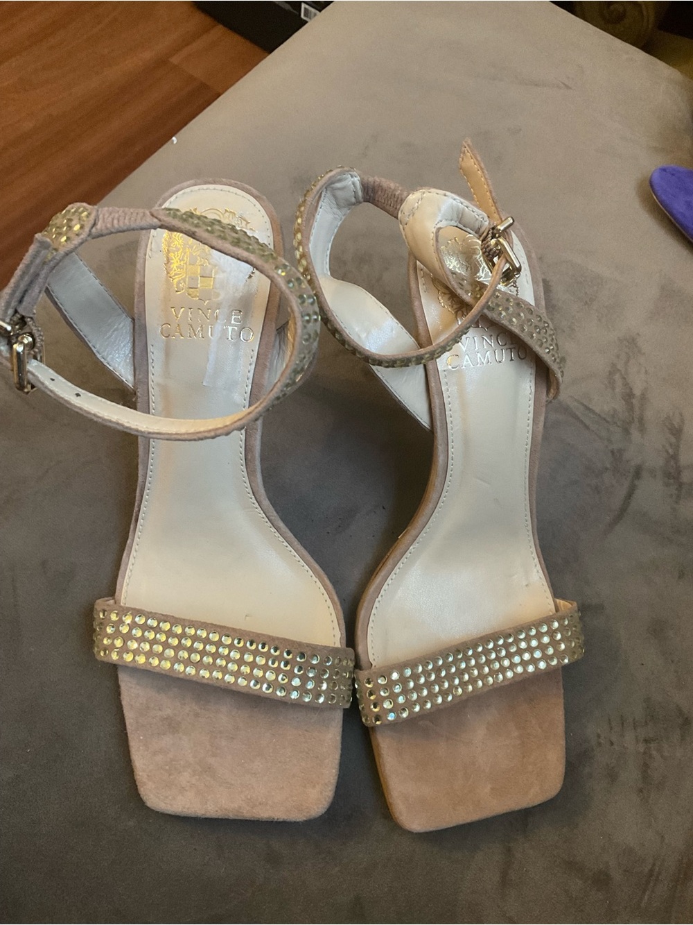 Vince Camuto Beige Suede Studded Ankle-Strap Heels